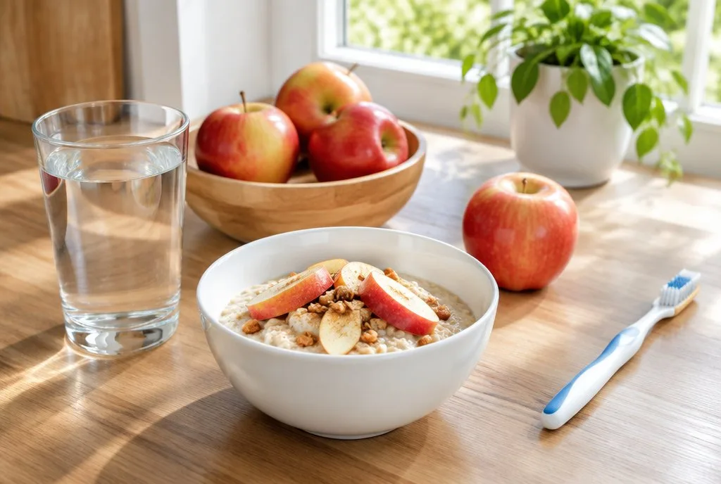 The Top 15 Dental Care Tips healthy breakfast with water, apples and a toothbrush beside, bright kitchen
