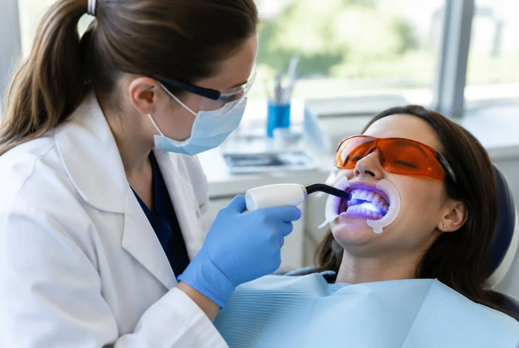 Tooth Bleaching dentist applying professional bleaching gel with a curing light to a patient